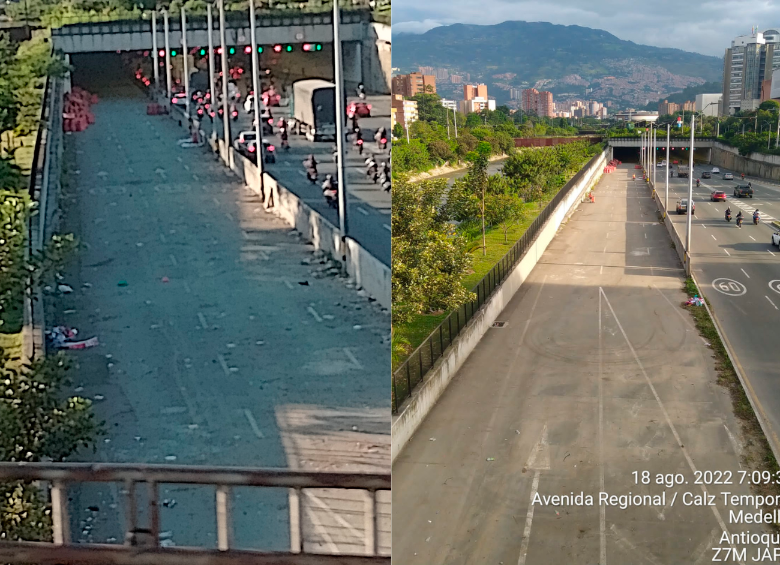 El antes y el después de la Regional luego de la intervención del personal de Emvarias para rocoger la basura que quedó tras la Feria. FOTOS: TOMADA DE TWITTER @CACHETICOLORADA Y EMVARIAS 
