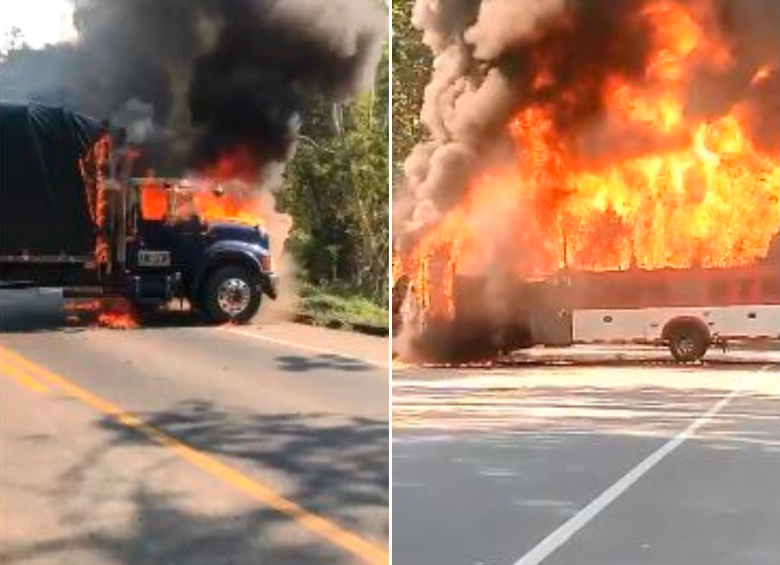 Las autoridades departamentales difundieron imágenes de vehículos que fueron incinerados en su paso por la Troncal de Occidente, en el Bajo Cauca antioqueño. FOTO CORTESÍA