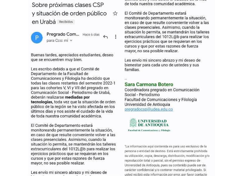 Este fue el comunicado que le llegó a los estudiantes de la universidad la semana anterior anunciando el regreso a la virtualidad.