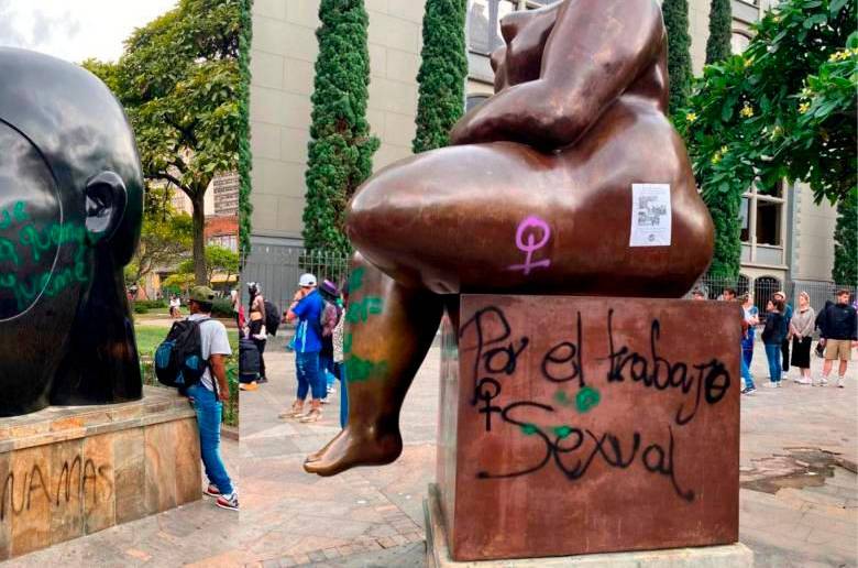 Así quedaron las esculturas de Botero después de la marcha del 8M. Foto: Cortesía. 