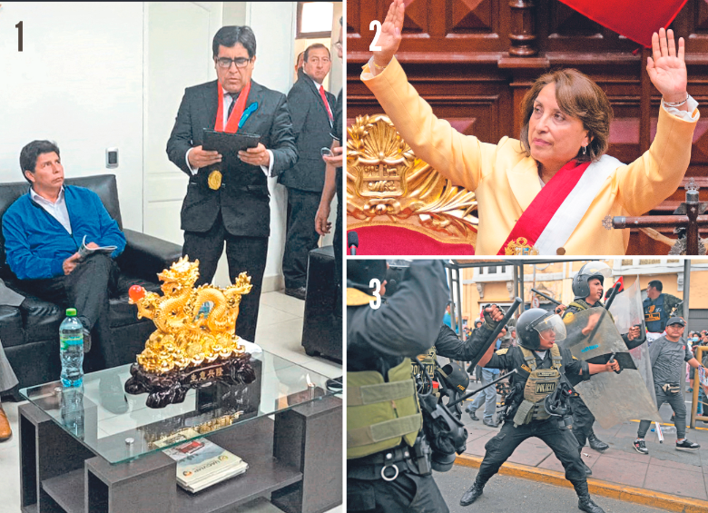 1. Pedro Castillo intentó huir del Palacio del Gobierno junto a su familia y fue interceptado por las autoridades en la avenida España de Lima. 2. Dina Boluarte juró ante el Congreso como nueva presidenta del Perú. 3. Mientras algunos partidarios de Castillo chocaron con la policía, otros salieron a las calles de Lima a celebrar su detención. FOTOS AFP