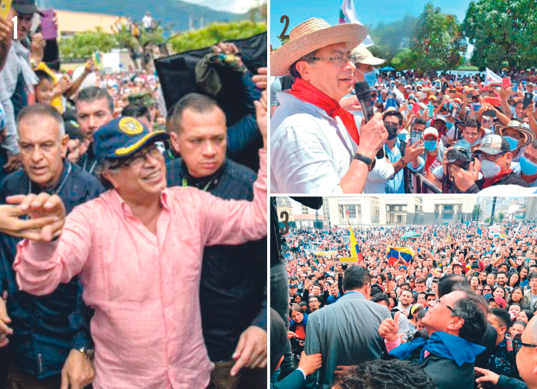 1. En su posición de Presidente, Petro ha ignorado los protocolos para estar cerca de la ciudadanía en las regiones. 2. En campaña fue común verlo en tarimas usando trajes típicos de las regiones. 3. En 2018 apareció en la Plaza de Bolívar y se unió a una marcha estudiantil. FOTOS CORTESÍA