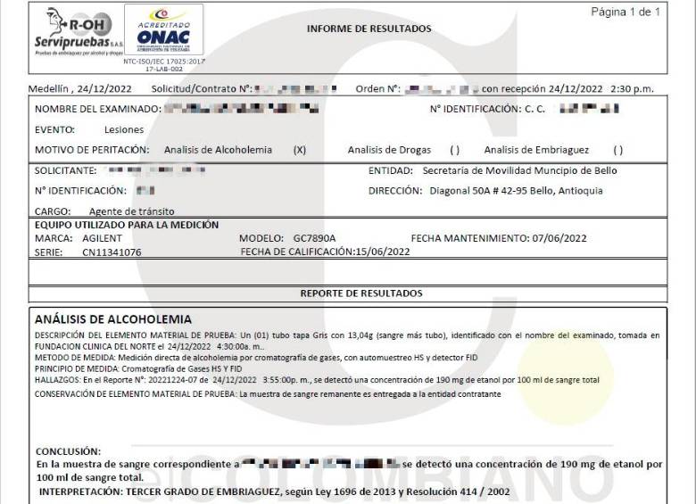 Este es el resultado de la prueba de embriaguez que se le hizo al conductor implicado en el accidente registrado en la madrugada del 24 de diciembre en Bello. FOTO: CORTESÍA
