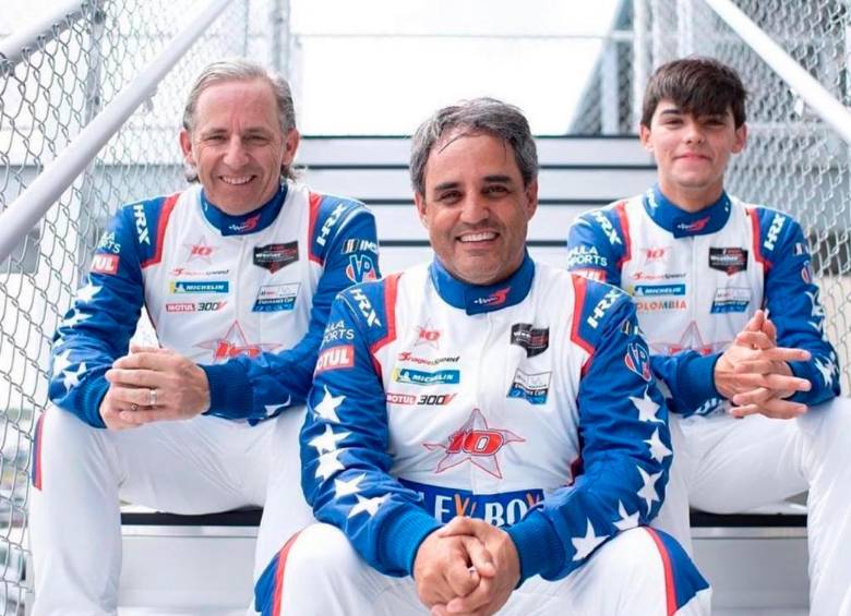 Juan Pablo Montoya y su hijo Sebastián junto al piloto estadounidense Henrik Hedman. FOTO INSTAGRAM SEBASTIÁN