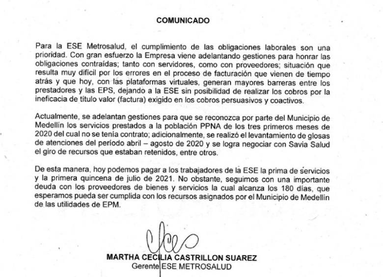 A través de un comunicado interno, la gerencia de Metrosalud también aludió a problemas financieros el pasado 15 de julio para cubrir el pago de nómina - FOTO ARCHIVO PARTICULAR 