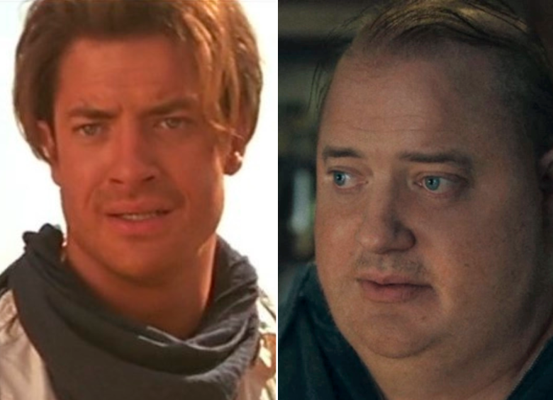 Brendan Fraser en La Momia, y para su papel en The Whale. FOTOS: ARCHIVO Y CORTESÍA A24.