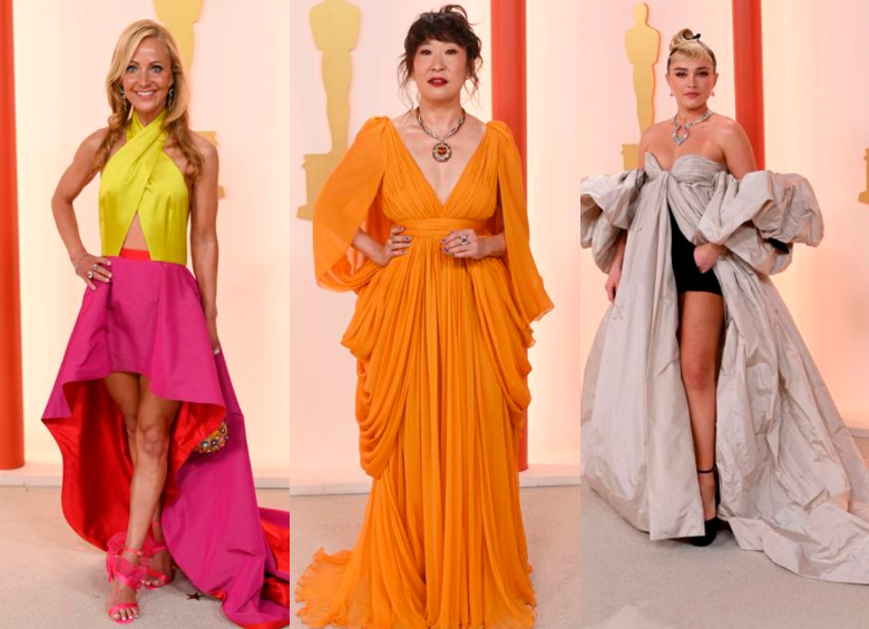 La deportista Lesley Paterson (izquierda), la actriz Sandra Oh (centro) y Florence Pugh (derecha) fueron algunas celebridades que quedaron en la lista de los peores looks de los Premios Óscar 2023. FOTOS: Redes sociales