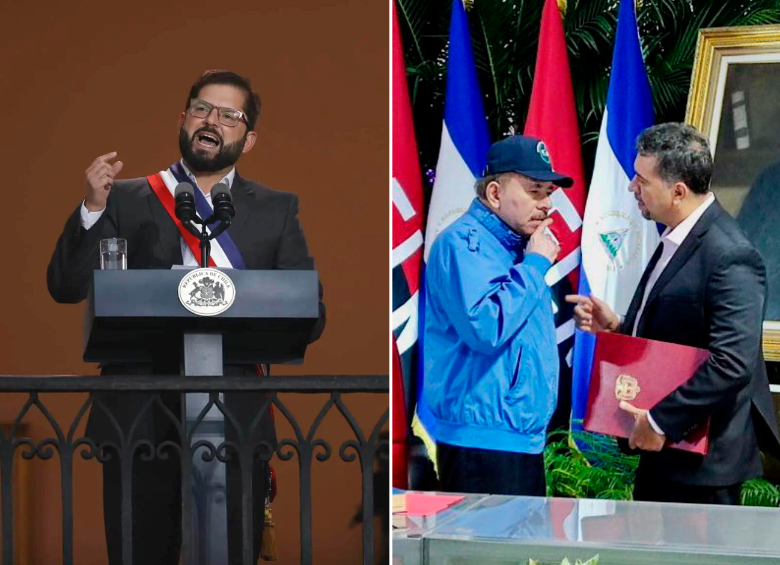 A la izquierda el presidente chileno Gabriel Boric; a la derecha el mandatario nicaragüense Daniel Ortega y el embajador de Colombia en ese país, León Fredy Muñoz. FOTO EFE Y CORTESÍA