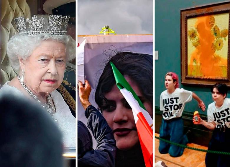La muerte de la reina Isabel II, las marchas en Irán y las acciones de los ambientalistas han popularizados expresiones en las redes sociales. Fotos: Efe.