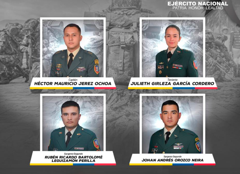 En la imagen el capitán Héctor Mauricio Jeréz Ochoa; la teniente Julieth Girleza García Cordero; el sargento segundo Johan Andrés Orozco Neyra, y el sargento segundo Rubén Ricardo Bartolomé. FOTO CORTESÍA EJÉRCITO NACIONAL