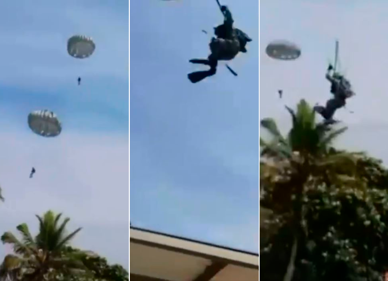 La Fuerza Aérea de talló que los cuatro paracaidistas estaban realizando actividades de entrenamiento militar pero fueron arrastrados por fuertes ráfagas de viento. FOTO CAPTURA DE VIDEO 