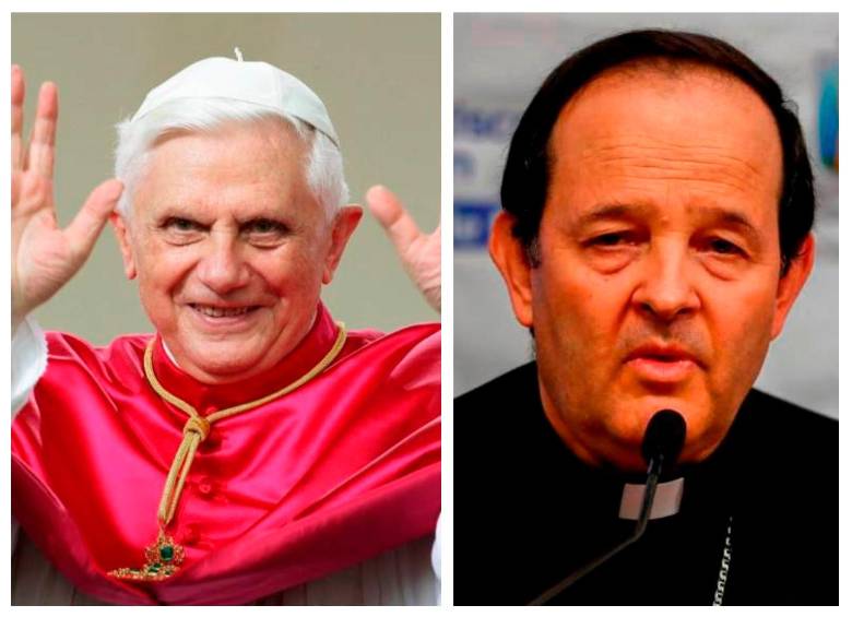 En conversación con EL COLOMBIANO, monseñor Ricardo Tobón (der.) se refirió al papel del papa emérito en la iglesia católica. FOTO: Getty y EL COLOMBIANO.