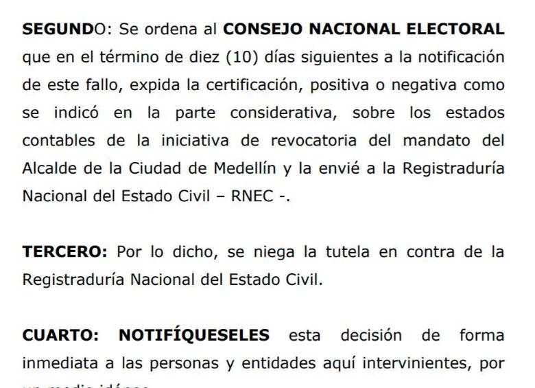 Parte resolutiva del fallo de tutela del Tribunal.