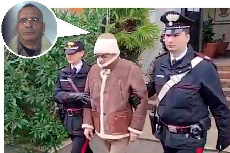 Así fue la captura de Matteo Messina Denaro, el capo de la organización de crimen transnacional Cosa Nostra, en las afueras de una clínica de Palermo, en Sicilia, Italia. Su chofer también fue detenido por los uniformados. En el círculo, la foto actualizada de su rostro. FOTO agencia efe
