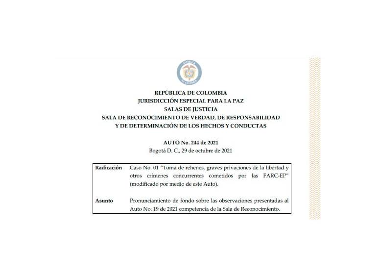Auto 244 de la JEP, con fecha del 29 de octubre de 2021.