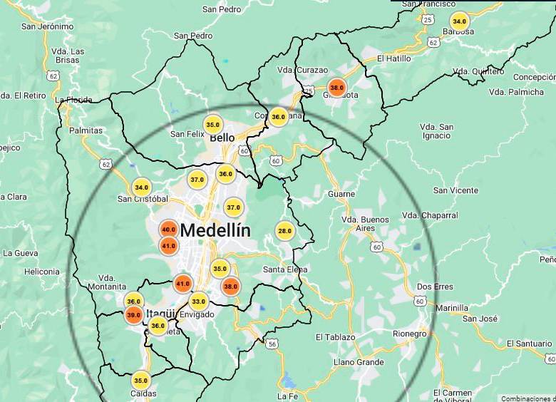 Seis estaciones de medición de calidad del aire se encuentran en color naranja este lunes. FOTO Siata