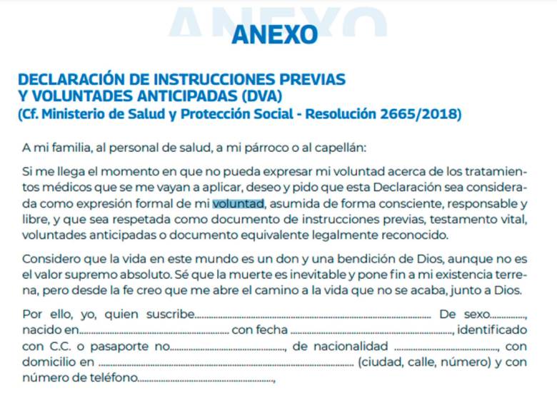Formato para negarse a la eutanasia. FOTO cortesía