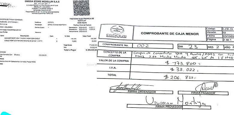 Uno de los recibos de caja menor del Concejo que evidencia la compra de elementos que debería suplir el mismo contratista. FOTO: Cortesía.