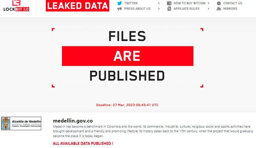 Imagen tomada del sitio web de Lockbit el grupo de ciberdelincuentes que robó los datos. FOTO: CAPTURA DE PANTALLA