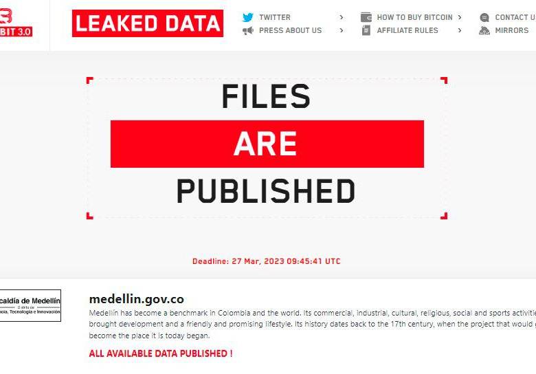 Imagen tomada del sitio web de Lockbit el grupo de ciberdelincuentes que robó los datos. FOTO: CAPTURA DE PANTALLA