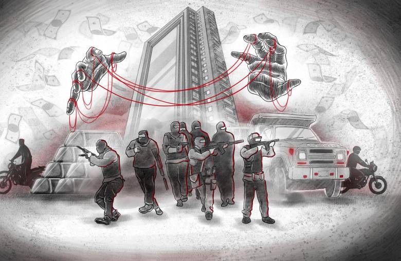El arte que acompañó al primer episodio, “Asaltantes con fiebre de oro acechan en Medellín”. ILUSTRACIÓN: TOMÁS GIRALDO.