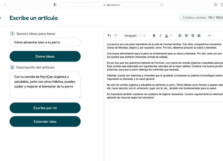 Con Wawo.ai se puede escribir un artículo sobre cualquier cosa, así es la plantilla. FOTO Cortesía Wawo.ai