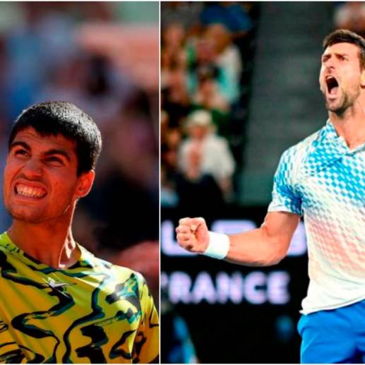 Carlos Alcaraz, que ocupa el primer puesto del ranking de la ATP, busca su primer Roland Garros. Djokovi va por su tercera corona en París. FOTO: GETTY Y TOMADA DEL TWITTER DE @DjokerNole