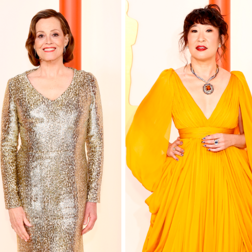 Detalles de los trajes de Sigourney Weaver, Sandra Oh y Elizabeth Olsen. FOTOS Cortesía E! Entertainment @EOnlineLatino