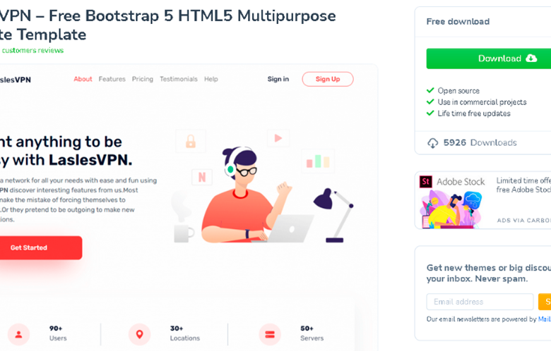 Plantilla para sitio web gratuita que fue utilizada para crear el sitio web que distribuye la falsa app de VPN. FOTO Cortesía 