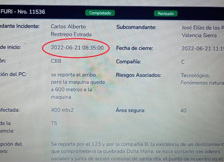 El reporte se formuló el 21 de junio pasado, tras atención en barrio Santa Rita por parte de la estación de bomberos CB8. FOTO Cortesía