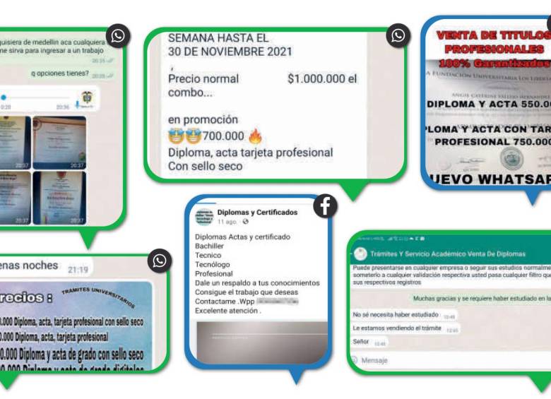 Distintas páginas y grupos en Facebook ofrecen títulos falsos de colegios, universidades y tecnológicos públicos y privados de todo el país. FOTO Cortesía