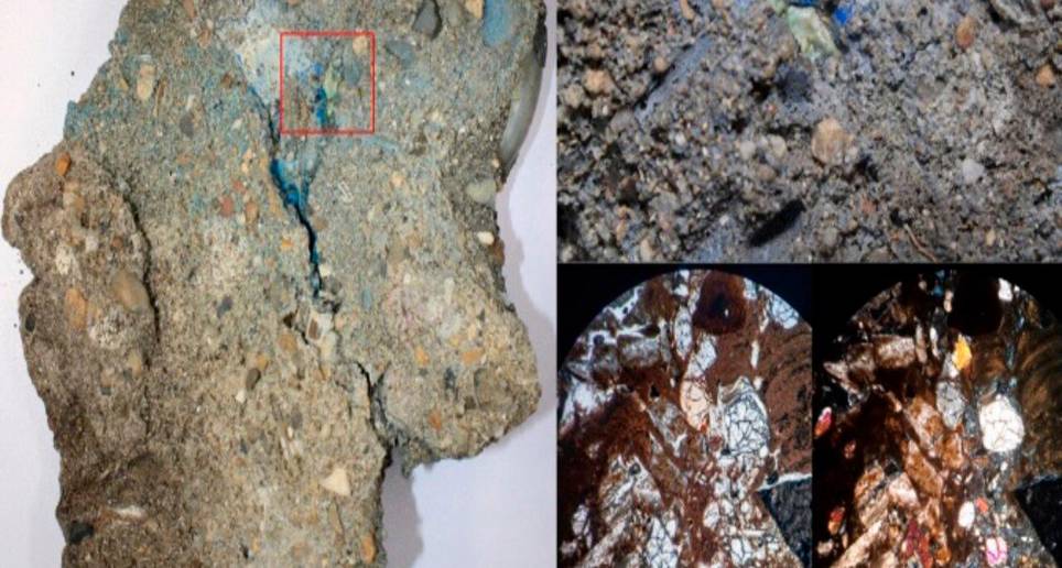 Plastiglomerado registrado en el estudio de la Universidad del Norte y la Universidad del Atlántico. Los plastiglomerados son un nuevo tipo de roca formado por fragmentos de plástico y rocas. Foto Cortesía Portal de Noticias Universidad del Norte. 
