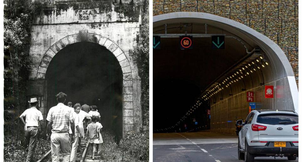 El primer túnel de La Quiebra, construido en 1929, antes y ahora. El nuevo túnel La Quiebra reduce de 40 a 8 minutos el recorrido entre los corregimientos de Santiago y El Limón. FOTOS: ARCHIVO Y JUAN ANTONIO SÁNCHEZ.