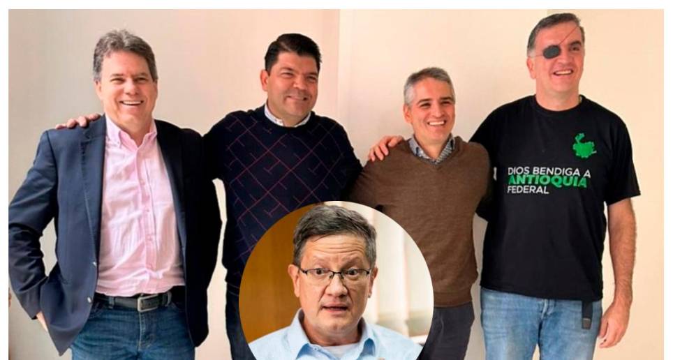 Esta fue la fotografía con la que Antioquia Plural movió ayer su anuncio de encuesta. De izquierda a derecha, Eugenio Prieto, Juan Diego Gómez, Andrés Julián Rendón y Mauricio Tobón. En el centro, Luis Fernando Suárez. FOTO: Cortesía