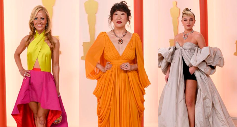 La deportista Lesley Paterson (izquierda), la actriz Sandra Oh (centro) y Florence Pugh (derecha) fueron algunas celebridades que quedaron en la lista de los peores looks de los Premios Óscar 2023. FOTOS: Redes sociales