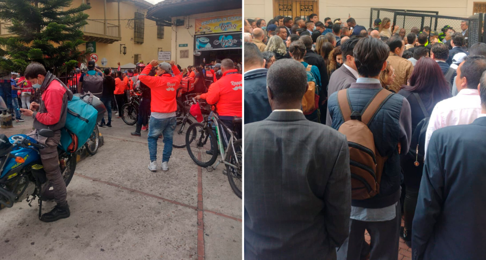 Domiciliarios de la plataforma Rappi salieron a las calles de Bogotá a manifestarse este martes contra la reforma laboral y arribaron al Congreso. FOTO TWITTER @JAMPIERMENESES_