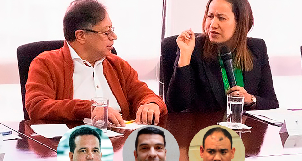 En la imagen el presidente Gustavo Petro y la ministra de Salud, Carolina Corcho; abajo los senadores Carlos Andrés Trujillo (Partido Conservador), Juan Diego Echavarría (Partido Liberal) y Antonio Correa (Partido de la U), con quienes el Gobierno tiene cercanía y buscaría negociar. FOTO CORTESÍA