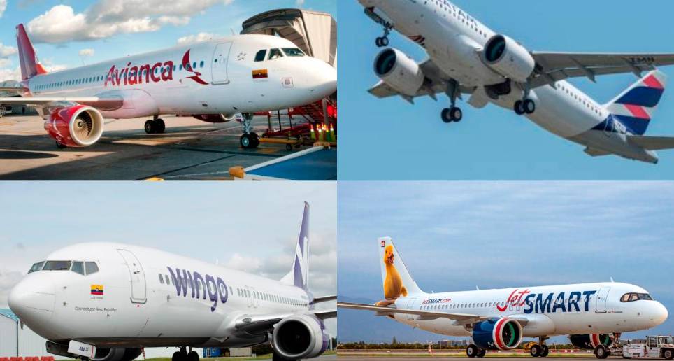 Avianca, Latam, Wingo y JetSmart son las principales representantes de los cuatro grupos empresariales que agitarán el pulso en la industria aérea colombiana, una vez se clarifique el proceso de Viva, e igualmente la low cost chilena inicie sus operaciones. FOTOS EL COLOMBIANO Y CORTESÍA
