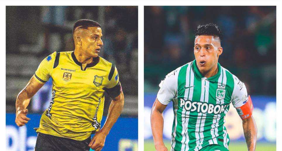 Kevin Castaño, de Águilas, y Sebastián Gómez, de Nacional, dos hombres que contagian a sus compañeros con su sacrificio y despliegue en la cancha. Posiblemente ambos sean titulares este jueves. FOTOS El Colombiano