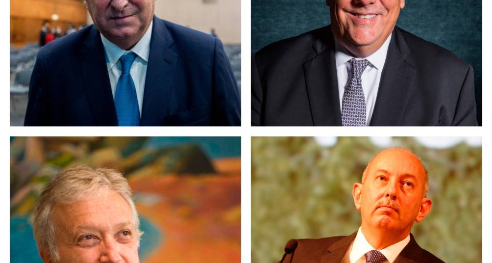 Jaime Gilinski, presidente del Grupo Gilinski; Jorge Mario Veláquez, presidente del Grupo Argos; Gonzalo Pérez, Presidente del Grupo Sura; y Carlos Ignacio Gallego, presidente del Grupo Nutresa, los protagonistas de la puja por el control GEA. FOTOS Archivo