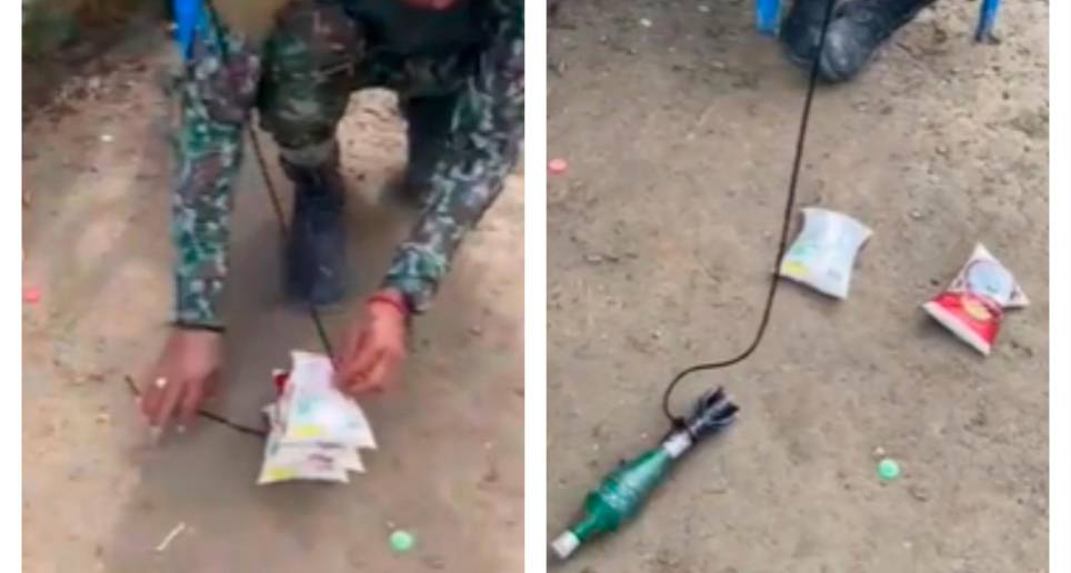 En las dos imágenes se visualiza el entrenamiento con el dron. En la izquierda, probando el peso con bolsas de alimentos; en la derecha, con un artefacto explosivo para dejarlo caer sobre las tropas. FOTO cortesía 
