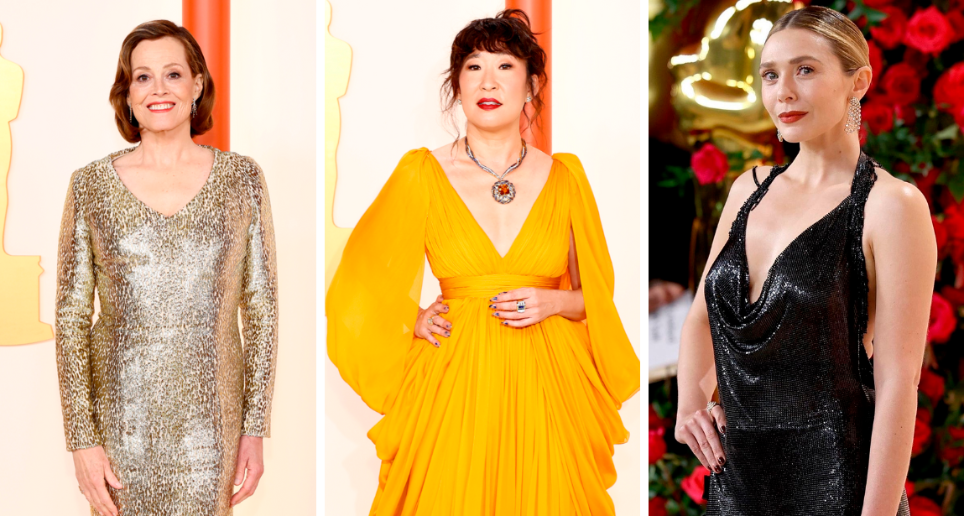 Detalles de los trajes de Sigourney Weaver, Sandra Oh y Elizabeth Olsen. FOTOS Cortesía E! Entertainment @EOnlineLatino