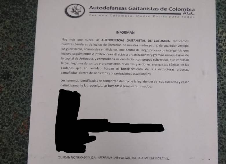 Aparece panfleto que amenaza a integrantes de la U. de A.