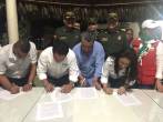 De izquierda a derecha Elióber Castañeda, de la Mesa Minera; el viceministro Carlos Cante, José Noguera, de Gran Colombia Gold, y la secretaria de Minas de Antioquia, Liz Álvarez. FOTO Cortesía