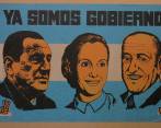 Imagen de Perón, Evita y Cámpora sobre bandera argentina. Crédito: Archivo Juan Carlos Romero y archivosenuso.org.