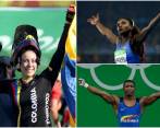 Mariana Pajón, Caterine Ibargüen y Óscar Figueroa, los tres atletas que consiguieron oro para Colombia en Río 2016. FOTOS Reuters y Colprensa