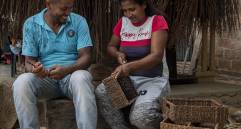 Alcides y su esposa, Adriana, pasan jornadas de trabajo en el patio de su casa en el Corregimiento El Cedro de Ayapel. FOTO EL COLOMBIANO