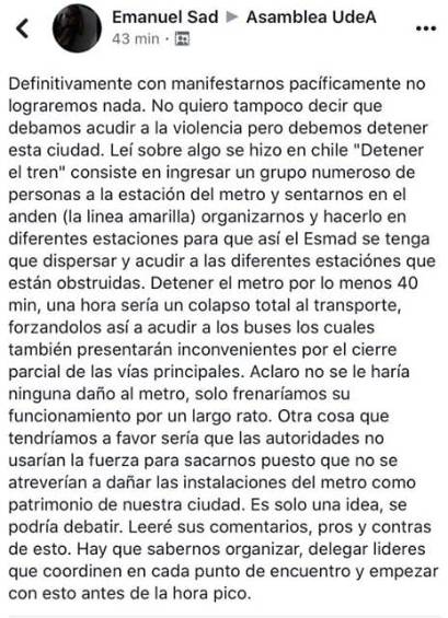 Este es el mensaje que invita a atentar contra el sistema de transporte masivo. FOTO CORTESÍA