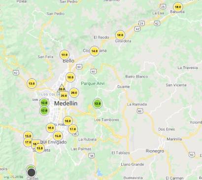 Así estaban las 22 estaciones de calidad del aire instaladas por el Siata en el Valle de Aburrá a las 5:30 p.m. de este miércoles.