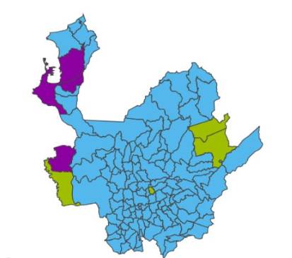 Así quedó el mapa electoral en Antioquia en primera vuelta. El azul representa a Iván Duque, el verde a Sergio Fajardo y el morado a Gustavo Petro. FOTO REGISTRADURÍA. Así quedó el mapa electoral en Antioquia en primera vuelta. El azul representa a Iván Duque, el verde a Sergio Fajardo y el morado a Gustavo Petro. FOTO REGISTRADURÍA.